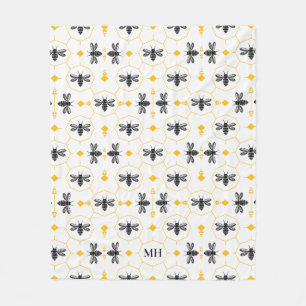 Modernt gult bi-mönster elegant svart monogram fleecefilt