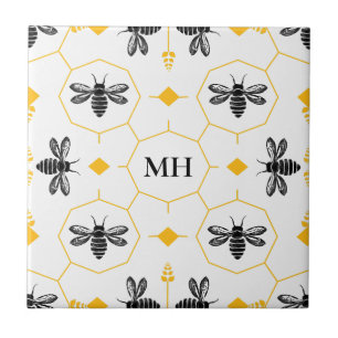 Modernt gult bi-mönster elegant svart monogram kakelplatta