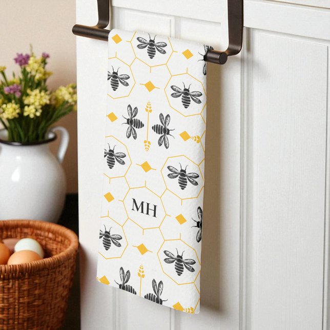 Modernt gult binmönster svart elegant monogram kökshandduk (Modern Yellow Bee Pattern Black Elegant Monogram Kitchen Towel)