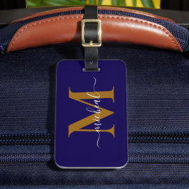 Modernt gyllene brunt & blått monogram skriptnamn bagagebricka
