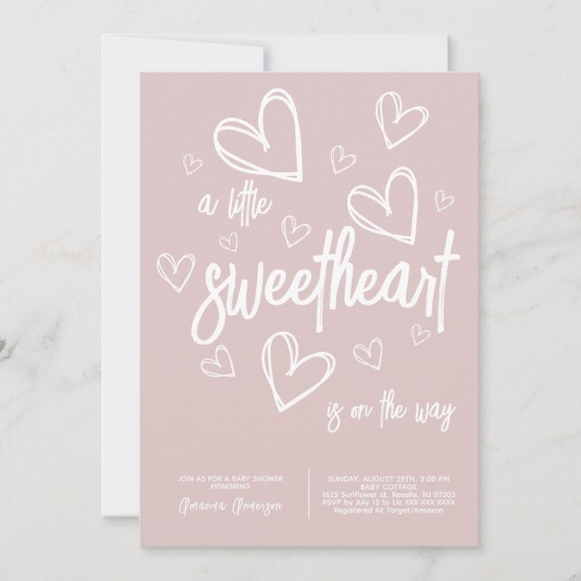 Modernt hjärta baby shower för flicka i rosa inbjudningar (Framsida)
