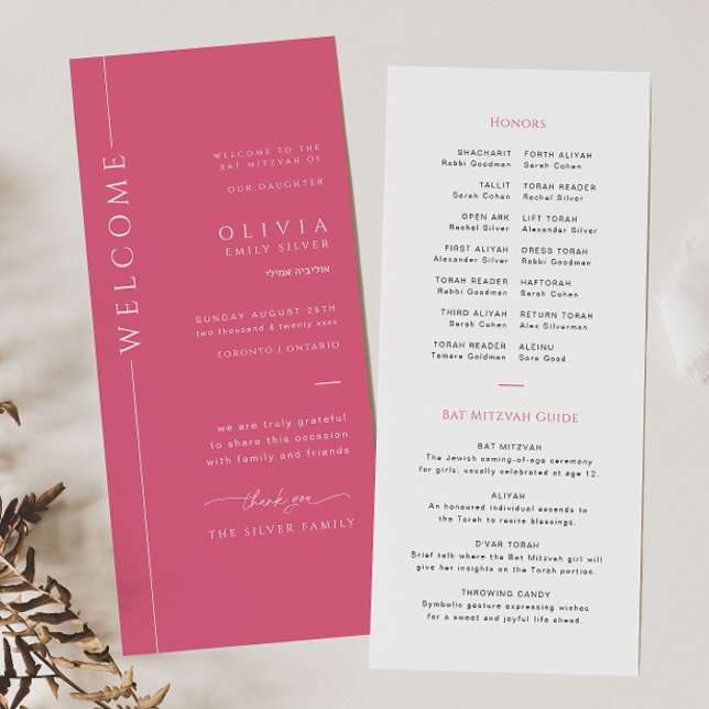 Modernt Hot Pink och Vitt Bat Mitzvah-programkort (Skapare uppladdad)