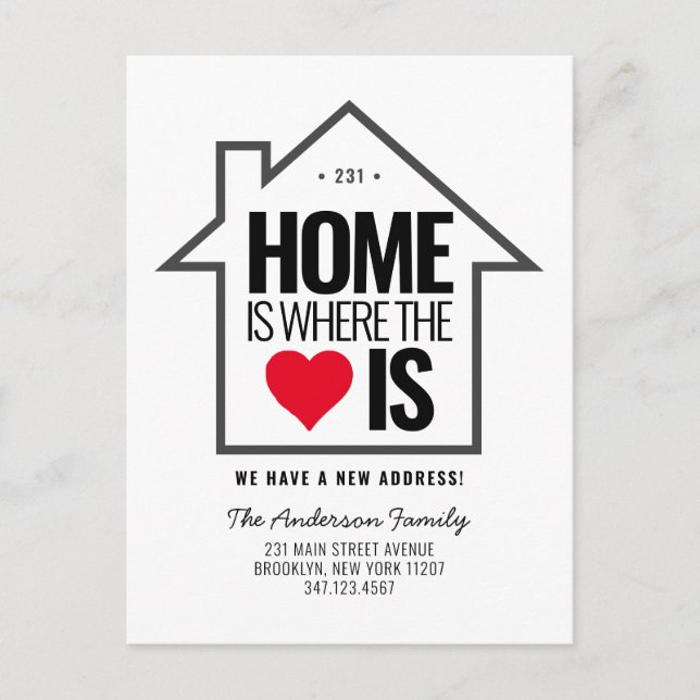 Modernt hus hem hjärta förändring ny adress flytt meddelande vykort (Framsida)