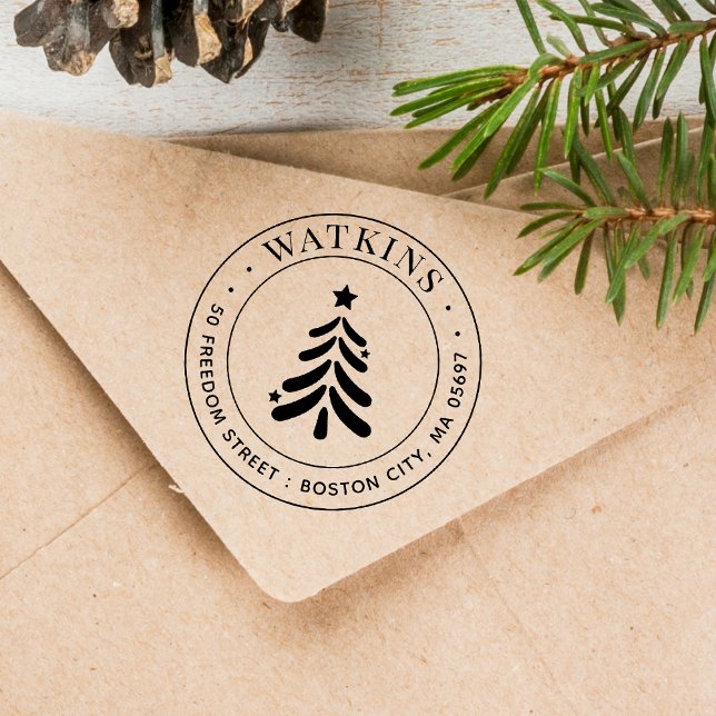 Modernt julgrans returadress självfärgande stämpel (Modern Christmas Tree Return Address Self-inking Stamp)