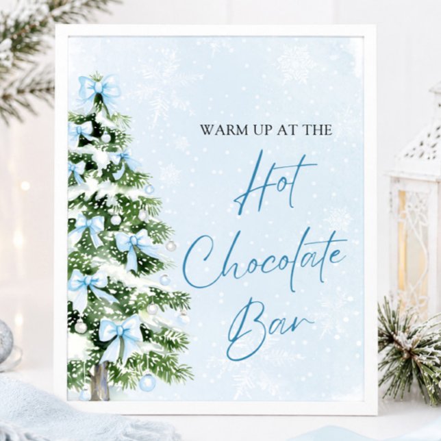 Modernt julgrans-tecken för hetchokladbar med blåa poster (Modern Blue Bows Christmas Tree Hot Chocolate Bar Sign)
