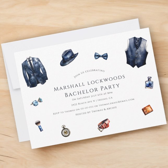 Modernt kandidatparti med minimal snyggt inbjudningar (modern simple bachelor party invitation featuring gentlemans attire. )