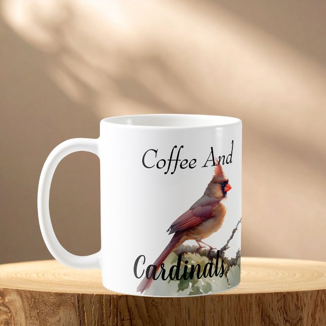Modernt Kardinalpar Röd Personalisera Kaffemugg (Morning coffee and bird watching, Customize the wording)