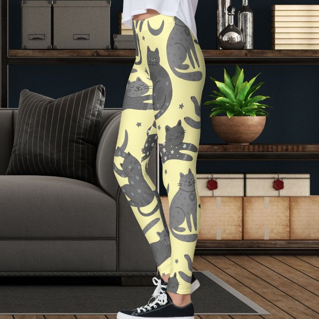 Modernt Kattälskare Kräm Och Grå Liten Katt Mönste Leggings (Skapare uppladdad)