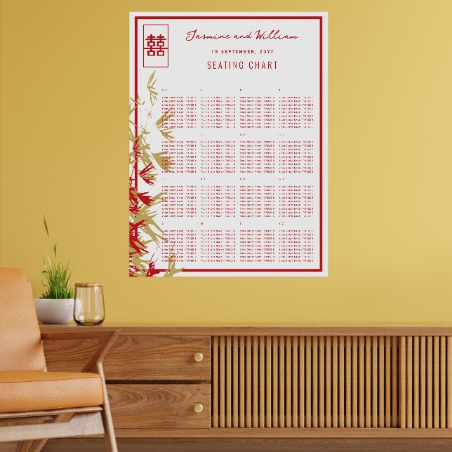 Modernt kinesiskt vigselbordsdiagram med bambublad poster (Vardagsrum 2)