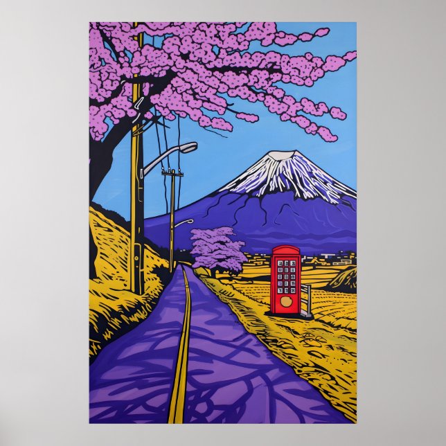Modernt konsttryck med Fuji-kirsblomster Poster (Framsidan)