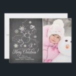 Modernt kort för foto för svart tavlasnögubbejul<br><div class="desc">Den moderna svart svart tavlan med en vintagesnögubbe skissar & kortet för snöflingorjulfoto</div>