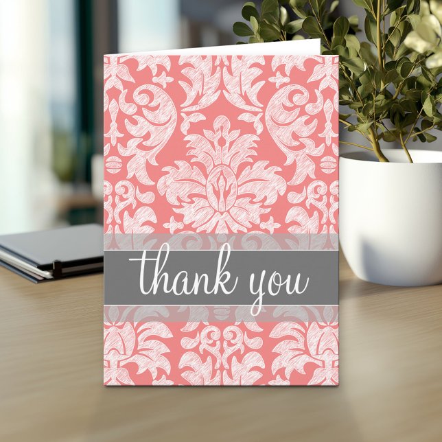 Modernt Lace Damask-mönster - korall och grått Tack Kort (Custom Personalized Greeting Card)