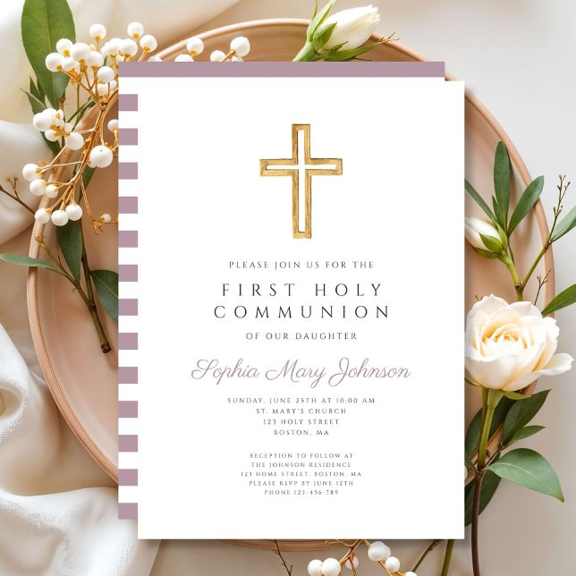 Modernt lila randigt kors flicka första kommunion inbjudningar (Modern Purple Stripes Cross Girl First Communion Invitation)