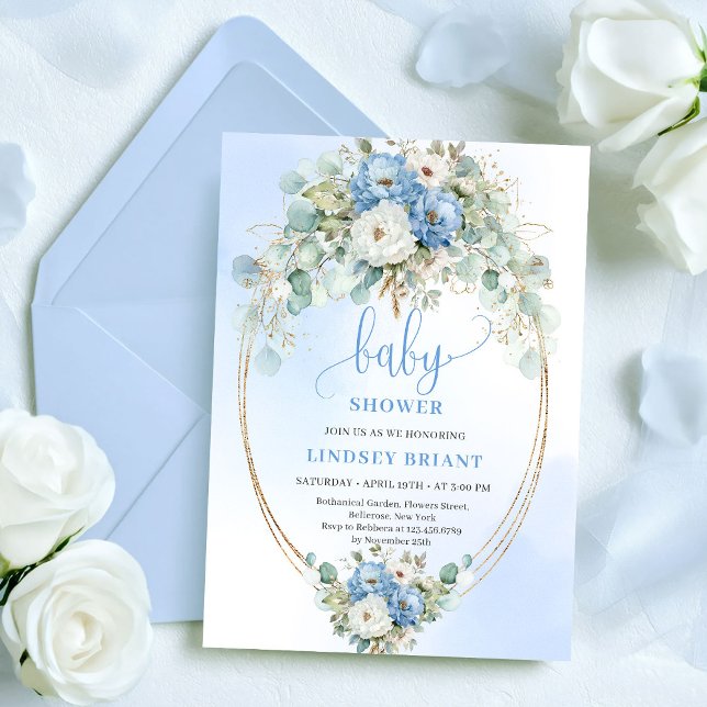 Modernt ljusblå peonier Eucalyptus Baby Shower   Inbjudningar (Modern Light Blue Peonies Eucalyptus Baby Shower Invite)