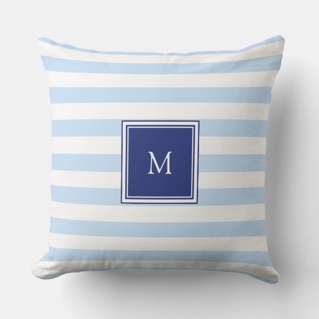 Modernt ljust - blåttvitrandar mönstrar monogramen kudde (Framsida)