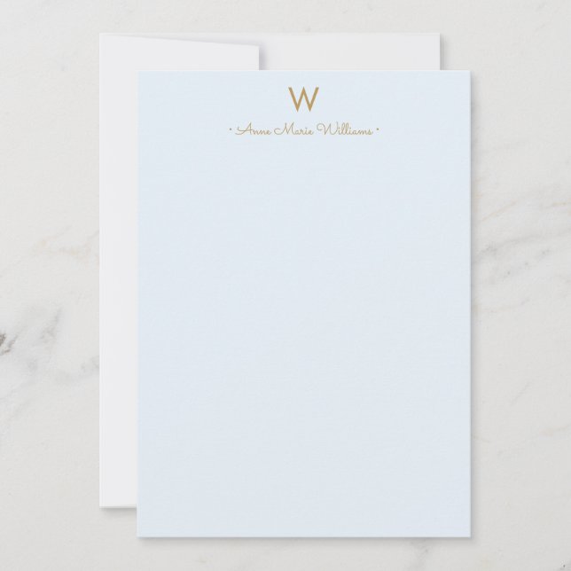 Modernt Ljust Dammtblå Guld Script Monogram Anteckningskort (Framsida)