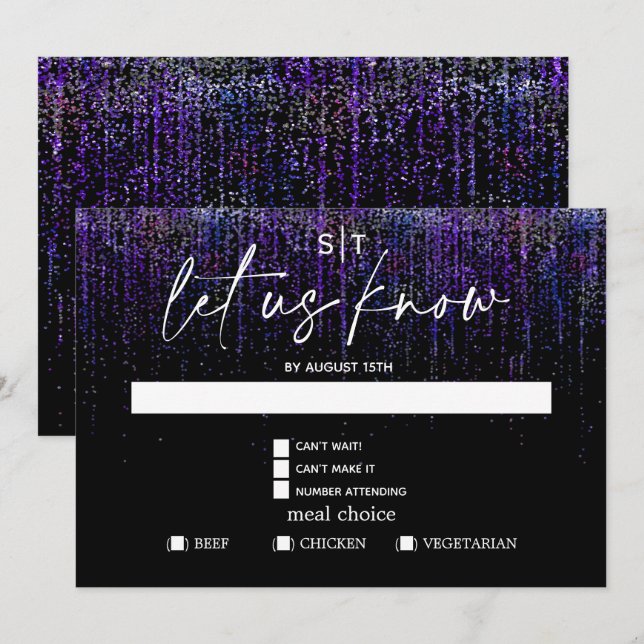Modernt måltidsval RSVP Edgy lila glitter Inbjudningar (Fram/baksida)