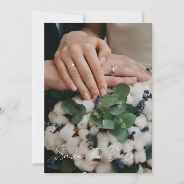 Modernt manus Bröllopsfoto Spara datumet (Framsida)