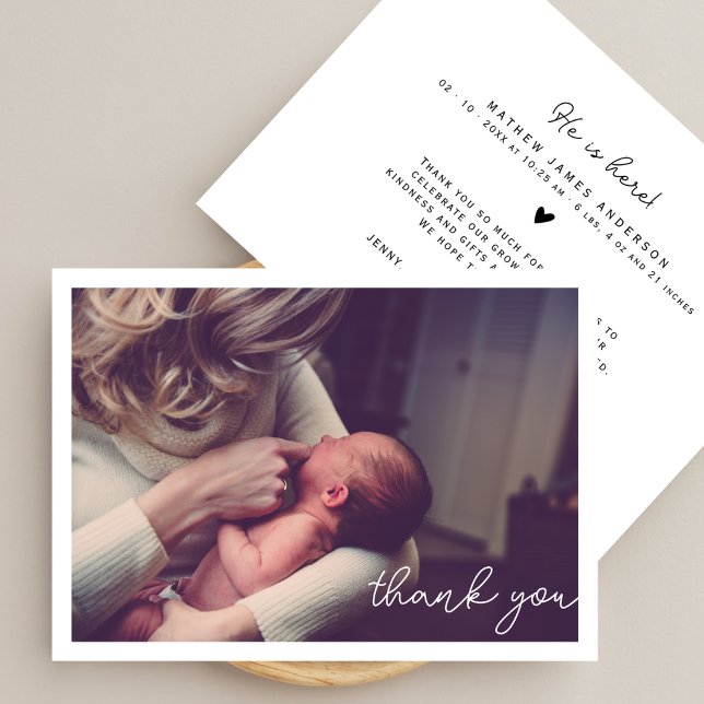 Modernt manus Enkel fotobild Tack Baby Shower Kort (Skapare uppladdad)