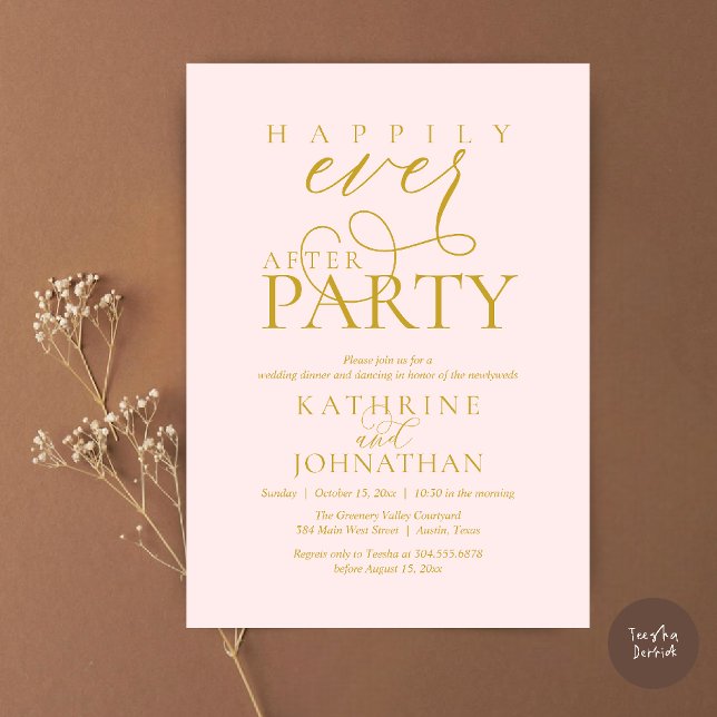 Modernt manus Lyckliga slut Efter fest Bröllop på  Inbjudningar (Modern Script Happily Ever After Dinner Party Elopement Invitation Card in Blush and gold)