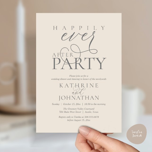Modernt manus Lyckliga slut Efter-fest Bröllop på  Inbjudningar (Modern Script Happily Ever After Dinner Party Elopement Invitation Card in Cream and grey)
