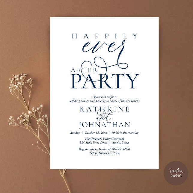 Modernt manus Lyckliga slut Efter fest Bröllopsfly Inbjudningar (Modern Script Happily Ever After Dinner Party Elopement Invitation Card in Navy Blue)