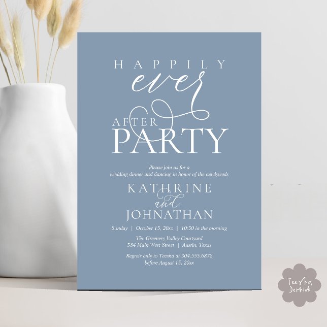 Modernt manus Lyckliga slut Efter-fest Bröllopsfly Inbjudningar (Modern Script Happily Ever After Dinner Party Elopement Invitation Card in Dusty Blue)