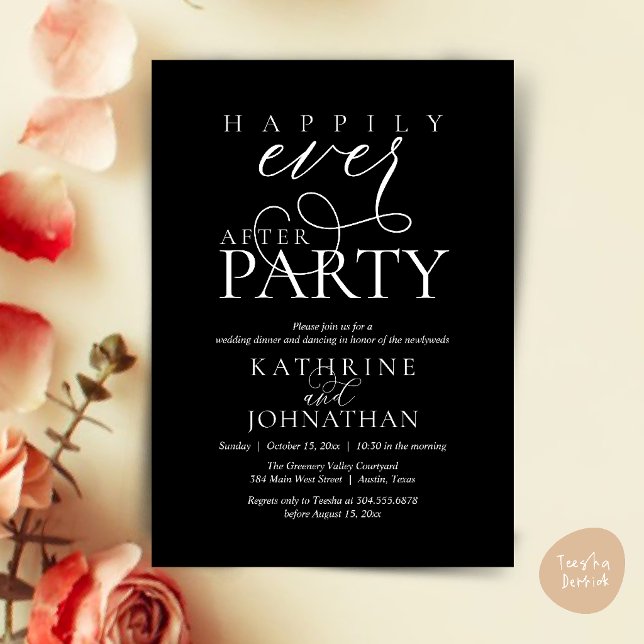 Modernt manus Lyckliga slut Efter-fest Bröllopsfly Inbjudningar (Modern Script Happily Ever After Dinner Party Elopement Invitation Card in Black and White)