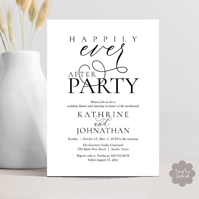 Modernt manus Lyckliga slut Efter-fest Bröllopsfly Inbjudningar (Modern Script Happily Ever After Dinner Party Elopement Invitation Card in Black and White)