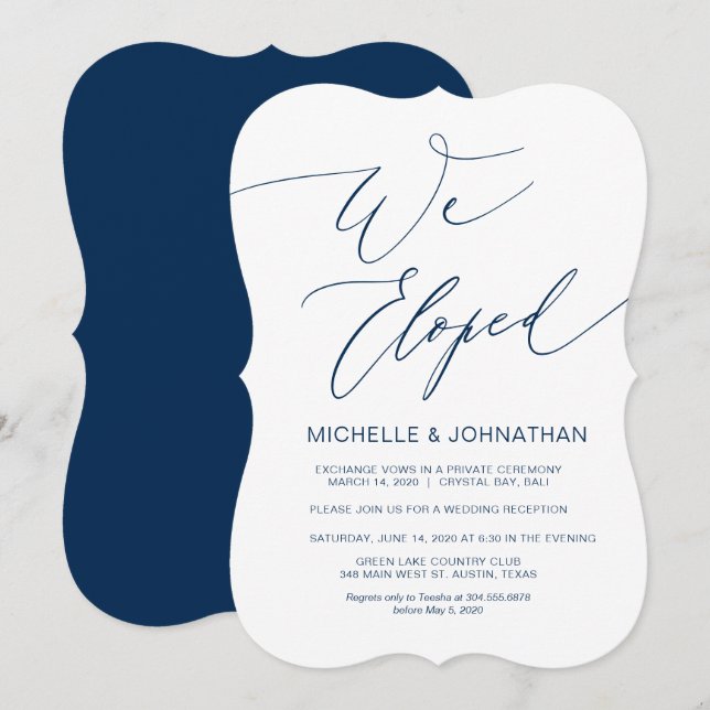 Modernt manus, marinblå, bröllopsflykt inbjudningar (Fram/baksida)