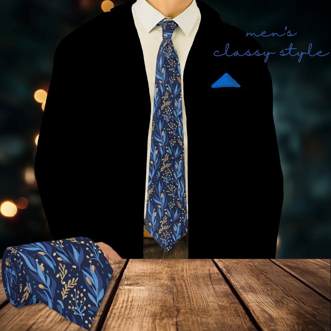 Modernt Marinblått Gult Blommigt Mönster Slips (Modern Navy Blue Yellow Floral Pattern Neck Tie)
