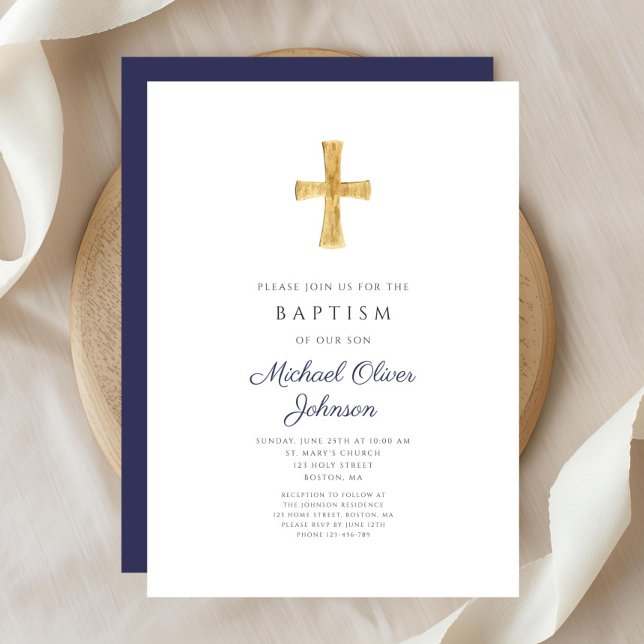 Modernt marinblått kors religiöst pojk dop inbjudningar (Modern Navy Blue Cross Religious Boy Baptism Invitation)