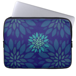 Modernt Marinblått och Grönt Blommigt Löv Mönster Laptop Fodral