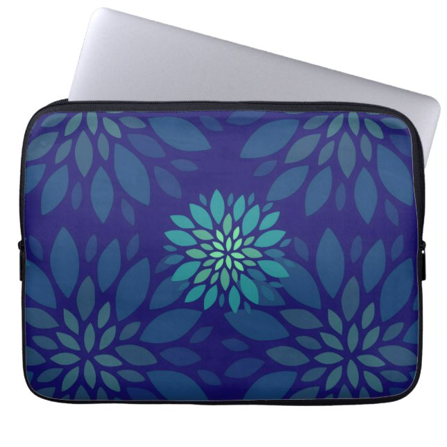 Modernt Marinblått och Grönt Blommigt Löv Mönster Laptop Fodral (Framsidan)