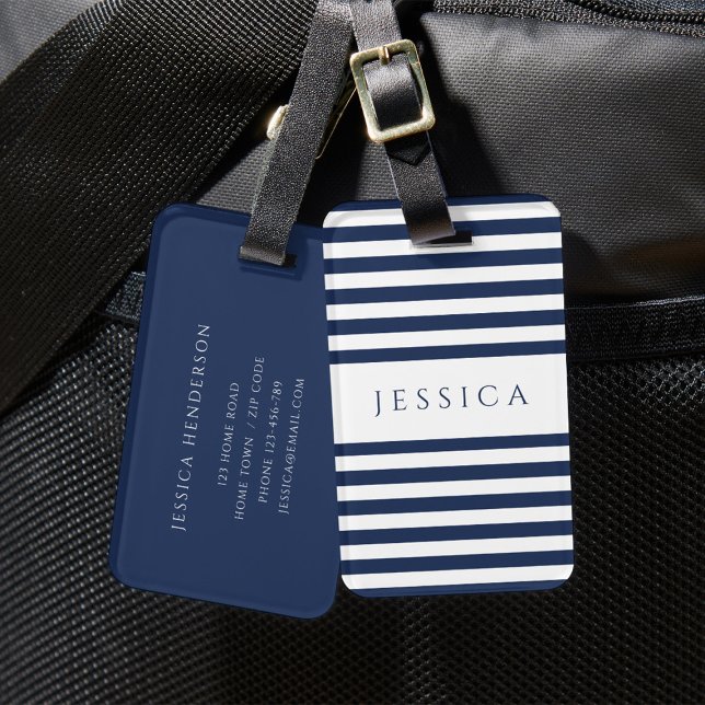 Modernt marinblått randigt mönster bagagebricka (Modern Navy Blue Striped Pattern Luggage Tag)