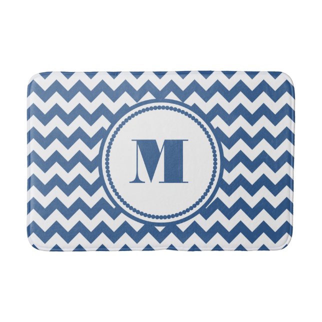 Modernt monogram Blå randig chevron Badrumsmatta (Framsidan)