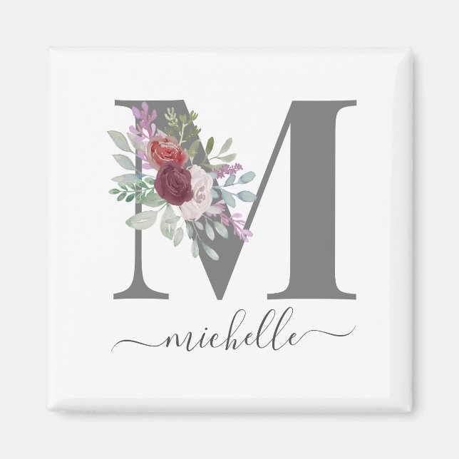 Modernt monogram blomstermönster initial namn magnet (Framsidan)
