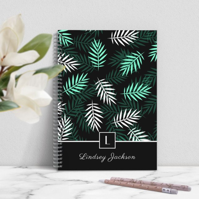 Modernt monogram botaniska gröna blad i anteckningsbok (Modern Monogram Botanical Green Leaves i Notebook)