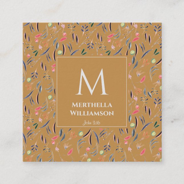 Modernt MONOGRAM Guld Blommig Akvarell Fyrkantigt Visitkort (Framsida)