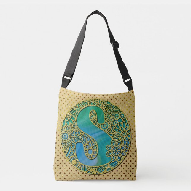 Modernt Monogram Initial Guld Bokstav och Turkos Axelväska (Framsida)
