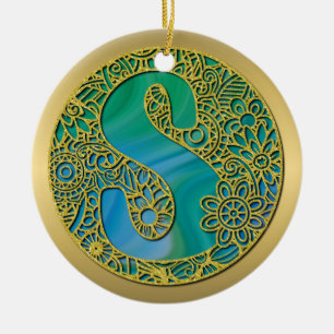 Modernt Monogram Initial Guld Bokstav och Turkos Julgransprydnad Keramik