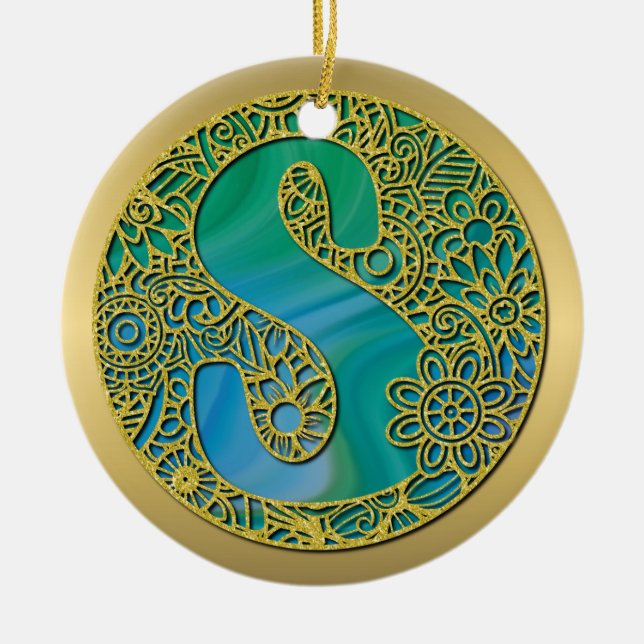 Modernt Monogram Initial Guld Bokstav och Turkos Julgransprydnad Keramik (Framsidan)
