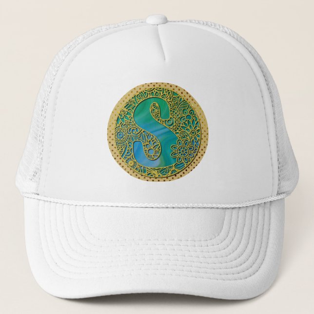 Modernt Monogram Initial Guld Bokstav och Turkos Keps (Framsida)