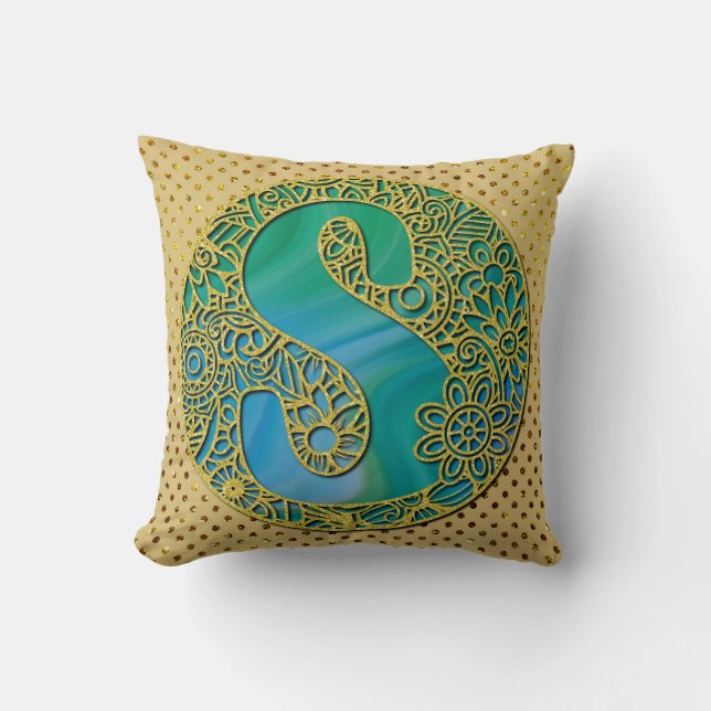 Modernt Monogram Initial Guld Bokstav och Turkos Kudde (Framsida)