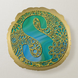 Modernt Monogram Initial Guld Bokstav och Turkos Rund Kudde