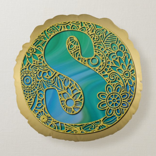 Modernt Monogram Initial Guld Bokstav och Turkos Rund Kudde (Framsidan)