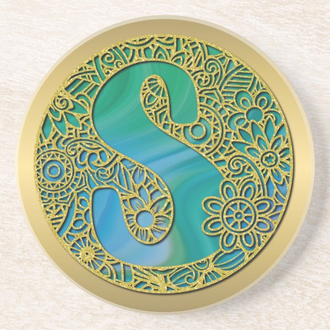 Modernt Monogram Initial Guld Bokstav och Turkos Underlägg (Framsidan)