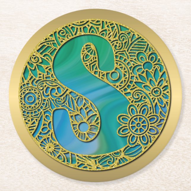 Modernt Monogram Initial Guld Bokstav och Turkos Underlägg Papper Rund (Framsidan)