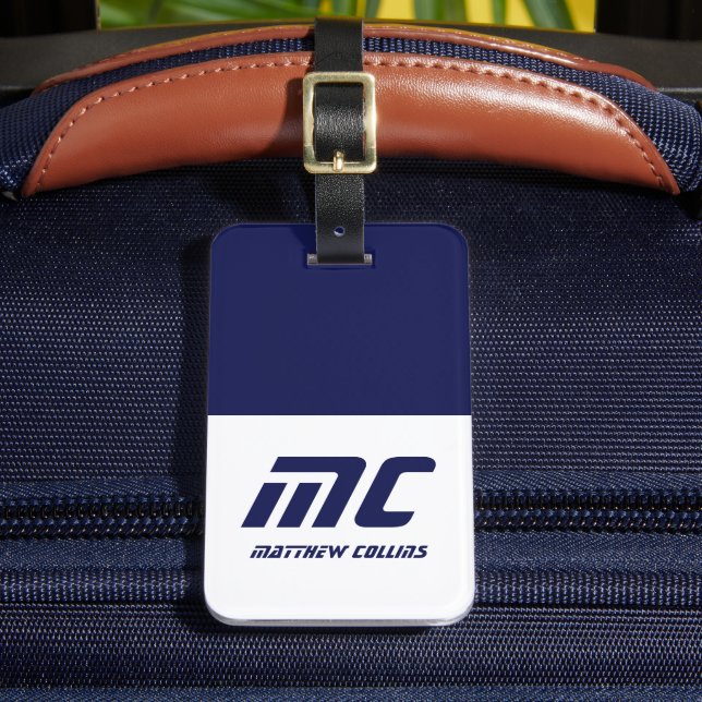 Modernt Monogram Initial i Blått, Enkel och Djärv Bagagebricka (Framsida Insitu 2)