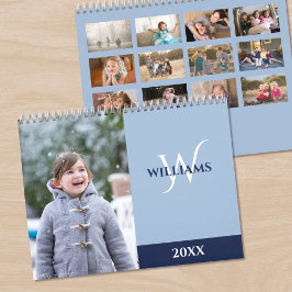 Modernt monogram ljust blått foto kalender
